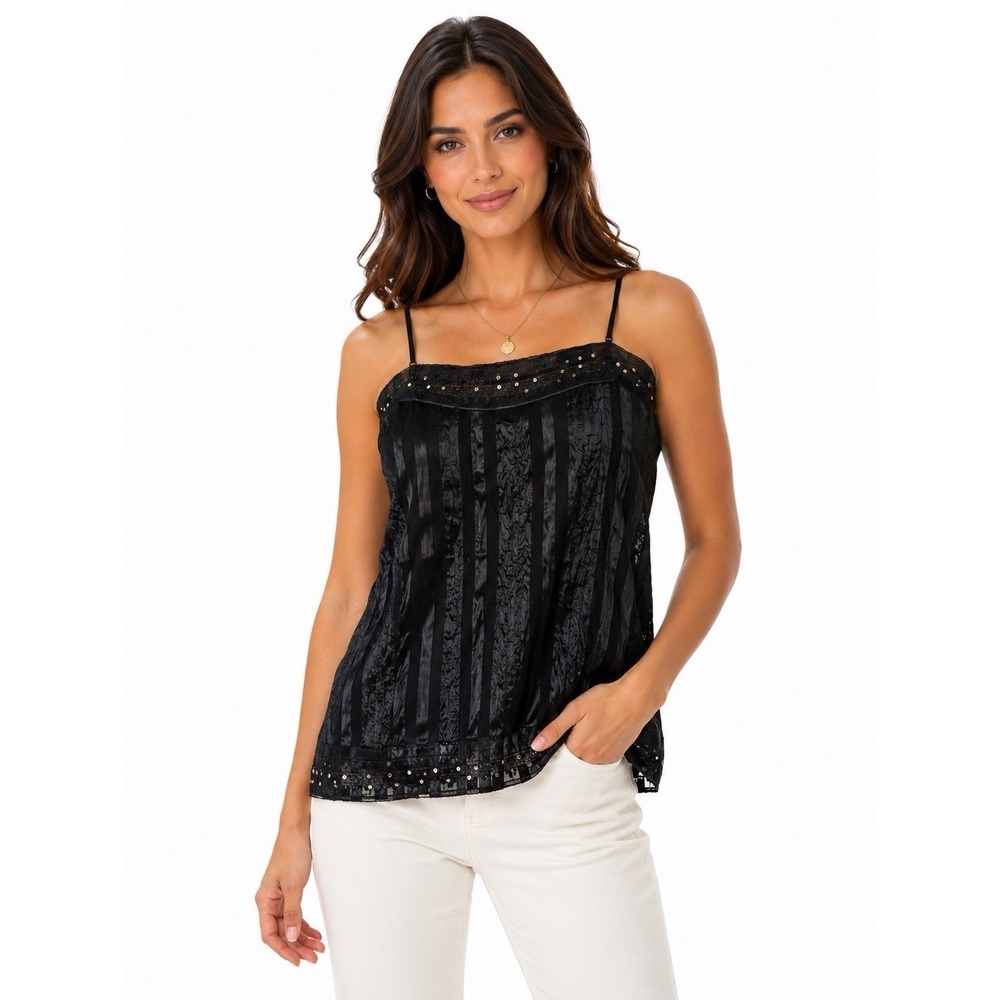 Unica Womens Camisole Top L‎ Black Beaded Sequin Crinkle Satin Cocktail Party